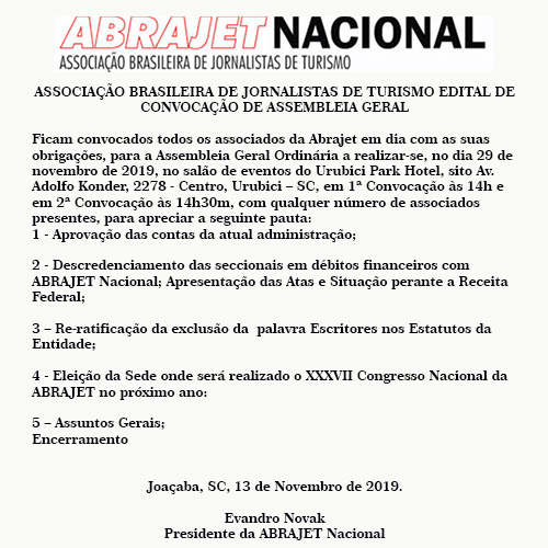 Read more about the article ASSOCIAÇÃO BRASILEIRA DE JORNALISTAS DE TURISMO EDITAL DE CONVOCAÇÃO DE ASSEMBLEIA GERAL